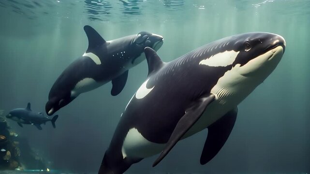 Two orcas swimming gracefully underwater, showcasing their distinctive black and white markings. The clear water and natural light highlight the beauty of these majestic marine animals.