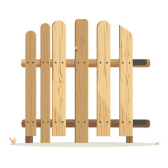 Weathered wooden picket fence featuring uneven slats natural wood texture. Outdoors garden decor, rustic backyard design. Six vertical planks, aged wood material, light brown color, isolated white