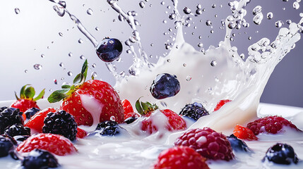 a splash of milk colliding with an assortment of fresh berries.