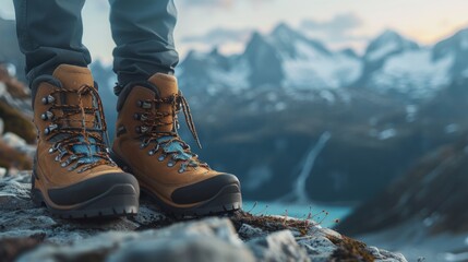 A high-quality stock image of a pair of hiking boots positioned on the left side, leaving ample space on the right for text. Ideal for outdoor adventure, travel, and hiking content.