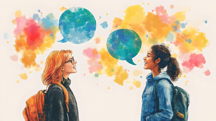 Artistic illustration of two women having a conversation with colorful speech bubbles, highlighting communication and diversity.