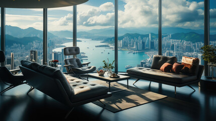 apartment in a skyscraper with panoramic windows and views of Hong Kong, company office, landscape, China, architecture, stylish interior, luxury hotel room, furniture, sea, mountains, bay, big city