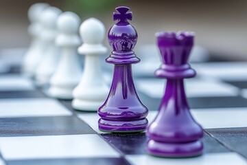 A close-up view of a chessboard featuring a purple king and a white pawn, highlighting the conflict between the two colors