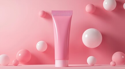 Abstract pink background with a cosmetic tube mockup and spheres.