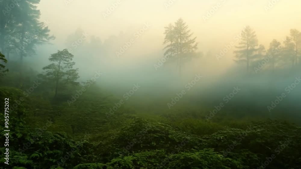 Poster a serene landscape shows a mist-covered forest at sunrise, with soft light illuminating the trees an