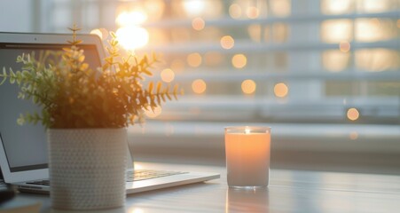 Cozy Winter Workspace With Laptop, Candle, and Potted Plant at Sunset