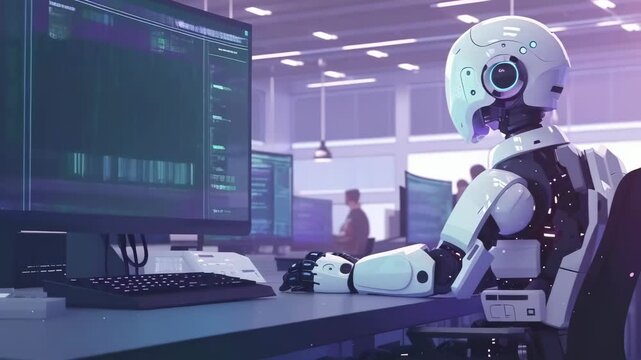 In a modern office during the day, a humanoid robot sits at a desk, analyzing code on dual monitors. People work in the background. The setting is futuristic, yet professional and collaborative.