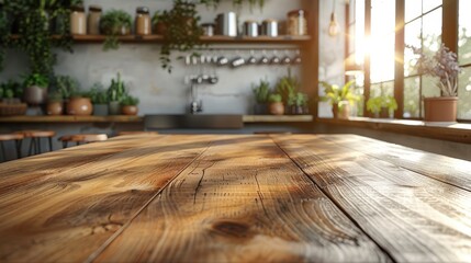 A high-resolution kitchen interior showcasing a top wooden counter, with a blurred background and bright white light. The empty room provides a clean, modern backdrop for food and product displays