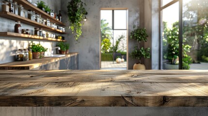 Fototapeta premium A clean and modern kitchen interior with a top wooden counter, showing a softly blurred room and bright white light. Ideal for showcasing kitchen products and creating an inviting product display