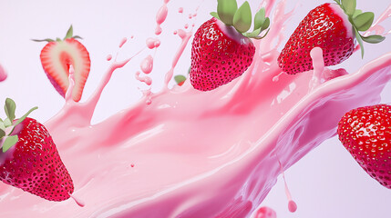 a splash of strawberry milk colliding with fresh strawberries