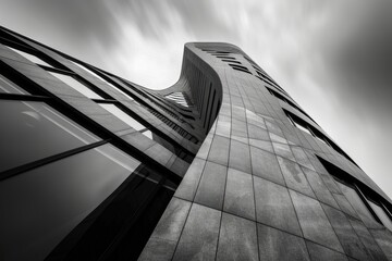 A tall building in black and white