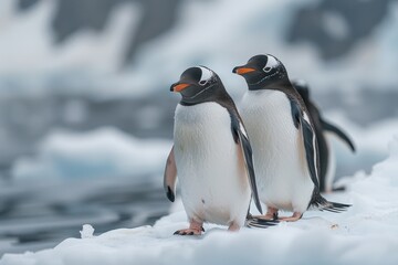 Fototapeta premium Adorned Penguins on Ice Floe in Antarctic Ocean, High Resolution Photography