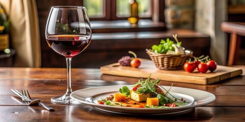 A Glass of Red Wine and a Plate of Gourmet Food, Rustic Table Setting, Dinner, Fine Dining, Wine Pairing. , restaurant, food