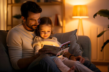 Father Reading a Bedtime Story to His Daughter on the Couch in Cozy Living Room at Night, Warm Ambient Lighting, Bonding, Family Time