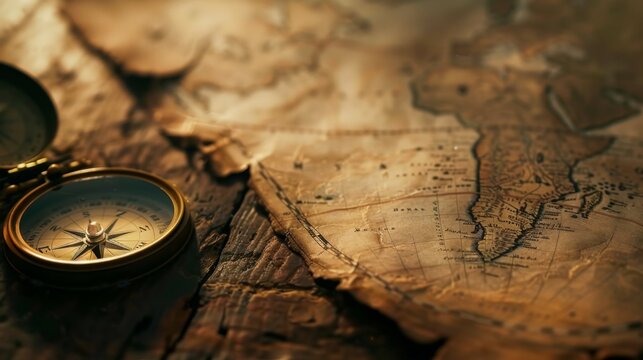 A high-quality AI generated stock image of a vintage map and compass positioned on the left side, with ample space on the right for text. Ideal for travel content, adventure, and historical themes.