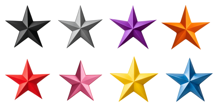 set of eight colorful stars isolated on transparent background, cut out