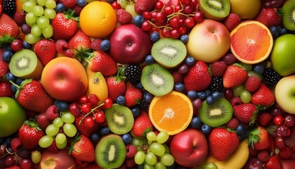 A vibrant canvas of different berries: strawberries, blueberries, blackberries, raspberries, cranberries, gooseberries, red currants, elderberries, goji berries, and cloudberries, showcasing a color.