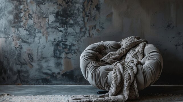 A high-quality AI-generated stock image of a comfortable armchair with a knitted blanket draped over it on the right side, leaving ample space on the left for text. Ideal for cozy, home,.