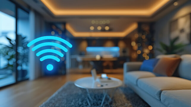 Blue Wi-Fi symbol on background of blurred living room in modern smart house, wireless internet in apartment