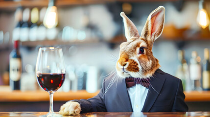 of an anthropomorphic rabbit dressed in a business suit sitting at a table and enjoying a glass of red wine  The background is blurred creating a stylized and surreal composition