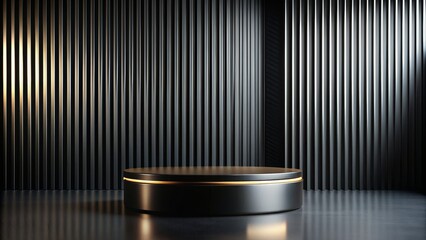 Black and Gold Minimalist Podium with Striped Background, 3D Rendering, Minimalist, Product Display, Podium Design