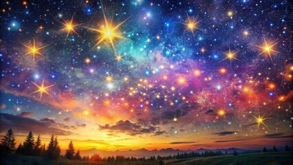 Celestial Sunset with Sparkling Stars Over Mountains, Night Sky, Milky Way, Starry Night, Landscape