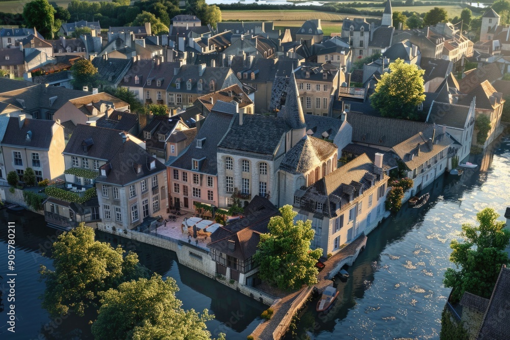 Poster aerial view of a city with a river flowing through the center, surrounded by buildings and greenery