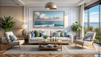 Fototapeta premium Coastal Living Room with Ocean View and Wooden Accents, interior design, coastal living, ocean view, beach house, living room design