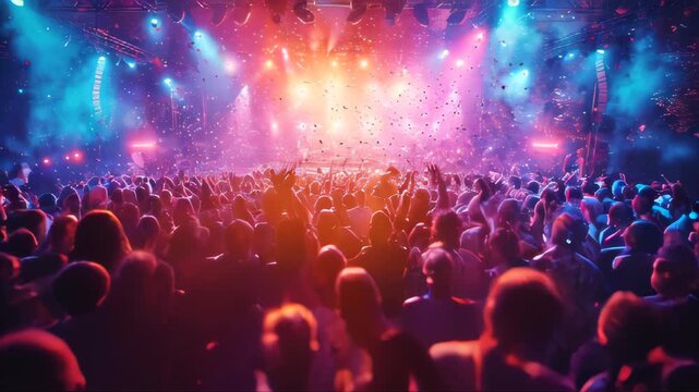 Crowd at concert with raised hands in front of bright stage lights