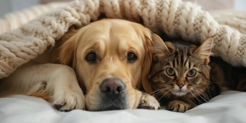 Two Dogs Snuggling Under Cozy Blanket in Warm Indoor Setting
