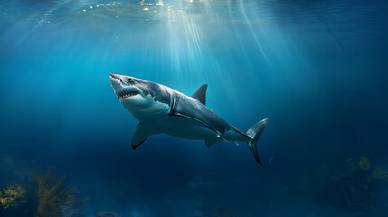 Obraz premium Photorealistic Image of a Great White Shark Underwater