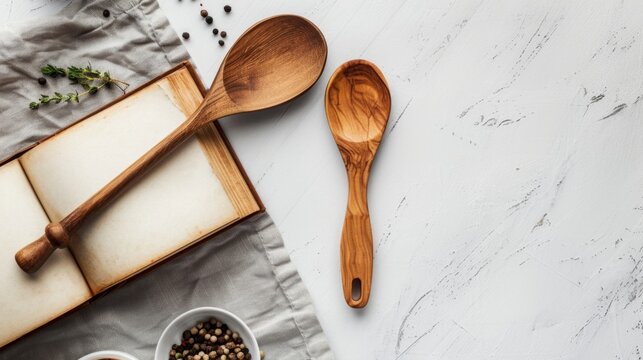 A high-quality AI-generated stock image of a modern cookbook and wooden spoon on the left side, leaving space on the right for text. Ideal for cooking, recipes, and culinary content.