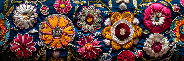 Exquisite Ornate Embroidery Displaying Intricate Patterns and Vibrant Colors in Delicate Floral Motifs and Geometric Shapes