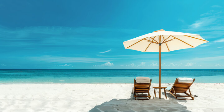 parasol and couple of sunbeds in a deserted beach with clear blue sea beach lounge chairs and a beach umbrealla near ocean - Powered by Adobe
