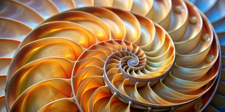 Golden Nautilus Shell A Symphony of Spirals, Macro Photography, Closeup, Nature's Geometry, nautilus, spiral, shell