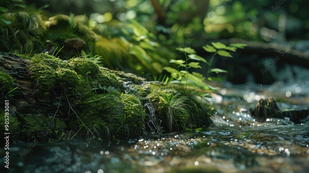 Poster a serene stream flows through a dense and vibrant green forest