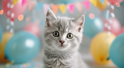 Playful Kitten Surrounded by Colorful Balloons at a Celebration