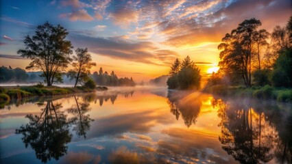 Fototapeta premium Golden Sunrise Reflections on a Misty River, landscape , nature , sunrise , reflection , misty