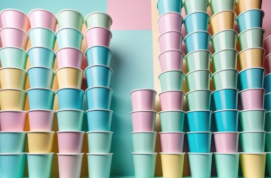 Background of empty paper disposable pastel glasses.