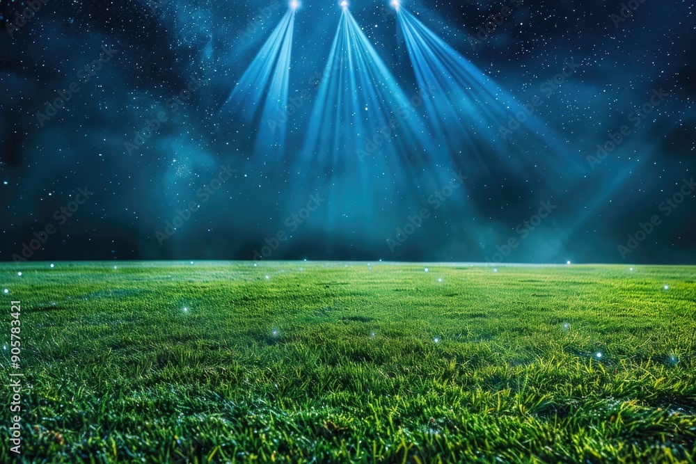 Poster A serene landscape with a field of grass illuminated by lights from above, suitable for use in editorial or advertising content