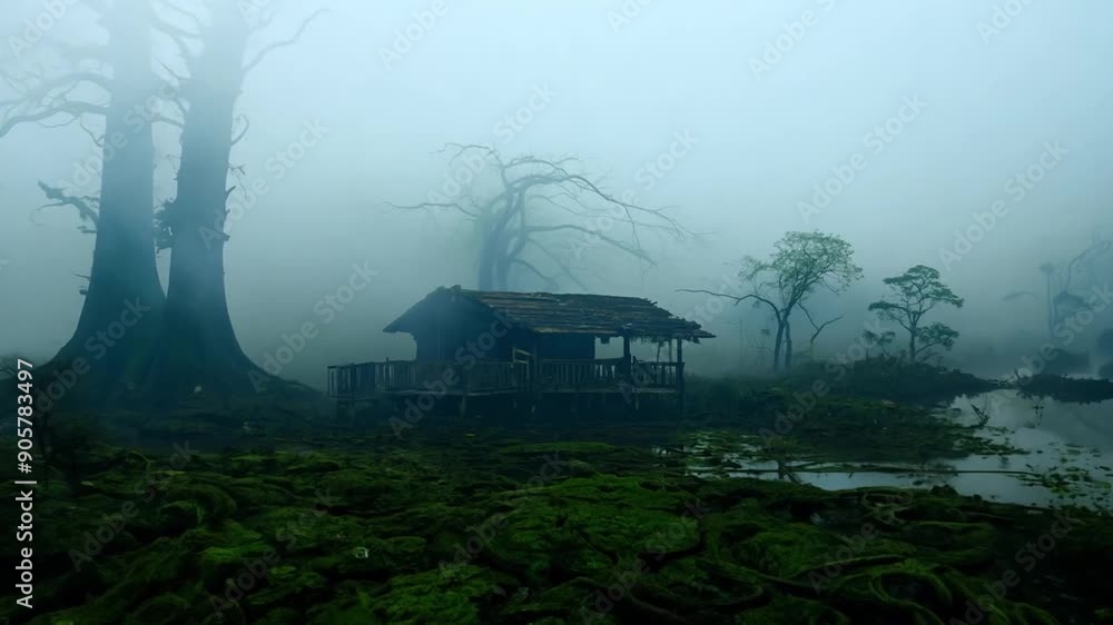 Poster a small hut is nestled in a foggy forest, surrounded by tall, ancient trees and lush green moss on t