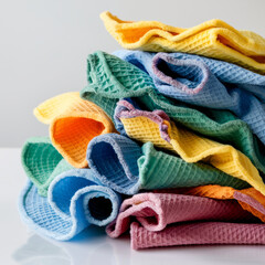 stack of vibrant waffle weave towels in assorted colors, showcasing their texture and variety.
