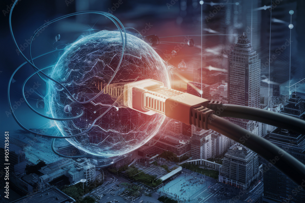 Poster digital world connected by ethernet cables, showcasing global network and connectivity concepts.