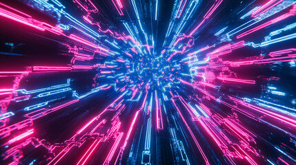 Fototapeta premium Dynamic explosion of neon lights in blue and pink, creating a powerful visual impact with a sense of speed and motion, ideal for futuristic and tech-inspired designs.