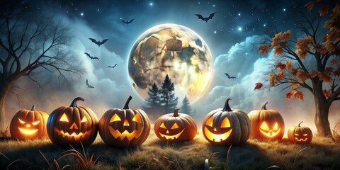 Fototapeta premium Jack-o'-Lantern Gathering Under a Spooky Moon, Digital Painting, Halloween Pumpkins, Night Sky, Bats, Forest, Halloween