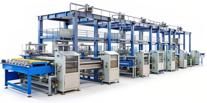 Industrial Production Line with Blue Frame and Automated Conveyors, factory , manufacturing , machinery , automation