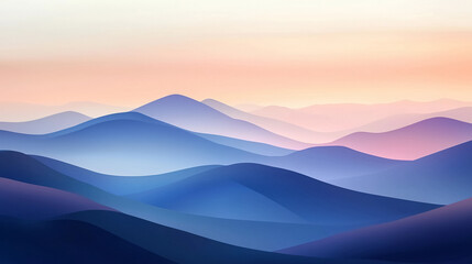 Soft pastel-colored landscape of rolling hills at dawn, featuring gentle gradients of blue and pink, creating a peaceful and serene atmosphere perfect for tranquil designs.
