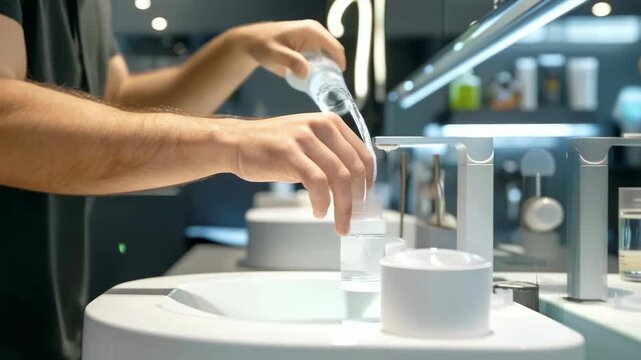 A young caucasian man's hands are shown handling a measuring cylinder, pouring liquid in a dimly-lit, modern laboratory. The scene suggests precise, careful scientific work, focused and methodical.
