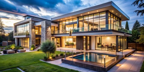 Obraz premium Modern Luxury Home with Pool and Sunset Sky, pool , architecture , modern , home