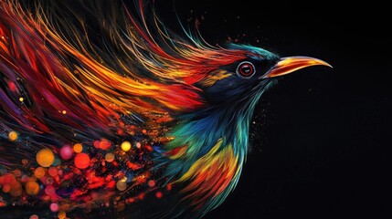 Obraz premium Beautiful bird amidst vibrant colors and long feathers on dramatic black backdrop, exuding energy